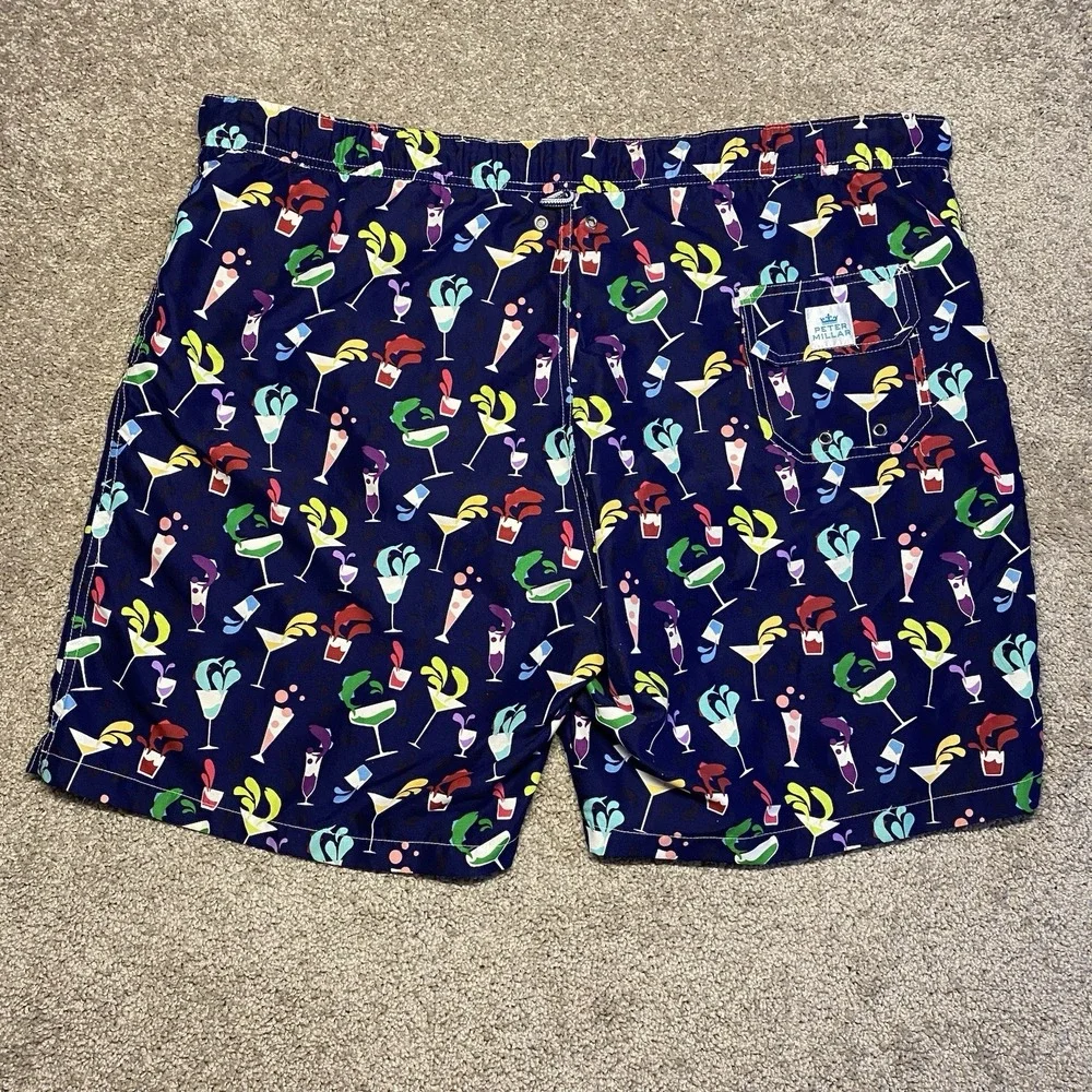 Peter Millar Mens XL Swim Trunks Navy Blue Cocktail‎ Drink Print Mesh Lined 7in